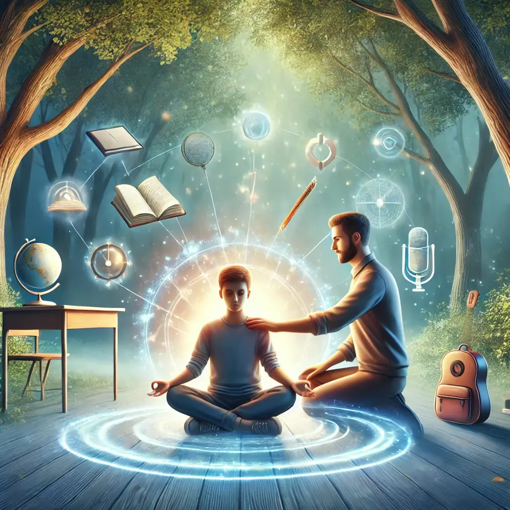 Dall e 2024 12 27 21 13 17 a serene yet empowering image illustrating mental preparation through sophrology the scene features a young person and an adult seated cross legged i